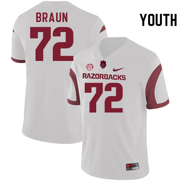 Youth #72 Joshua Braun Arkansas Razorbacks College Football Jerseys Stitched-White